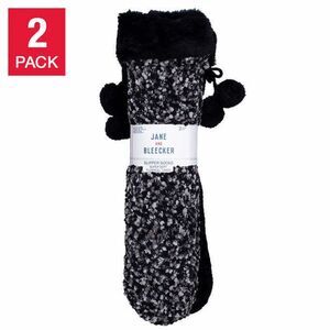 JANE AND BLEECKER Chenille Faux Fur Slipper Socks, Womens 2 Pair Pack, Black NWT